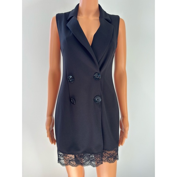 Sweet Storm Jackets & Blazers - Sweet Storm Black Sleeveless Blazer Dress Lace Trim Double Breasted Small BB3CAV